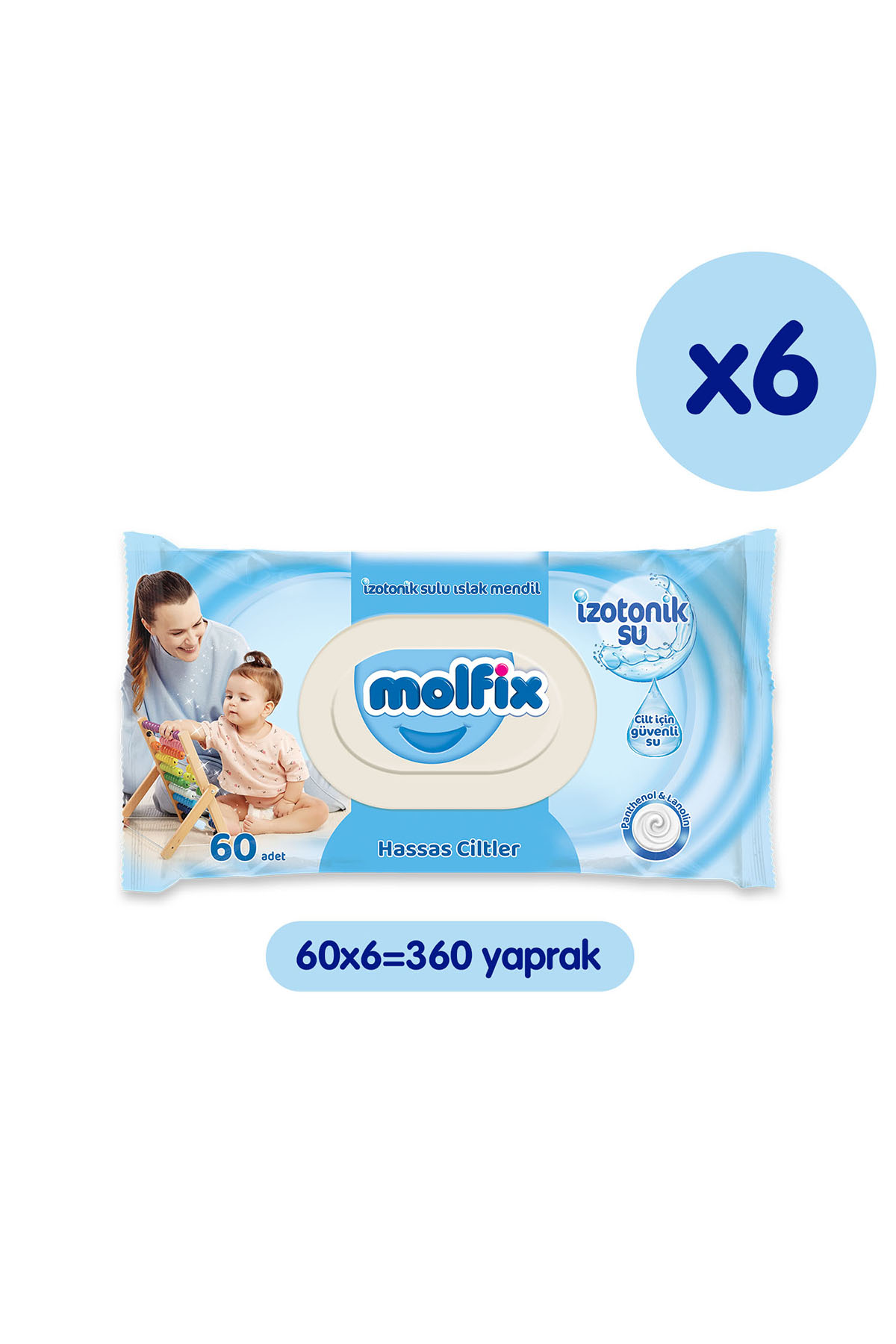 Molfix İzotonik Sulu Islak Mendil Hassas Ciltler 60'li x 6 Adet (360 Yaprak)

