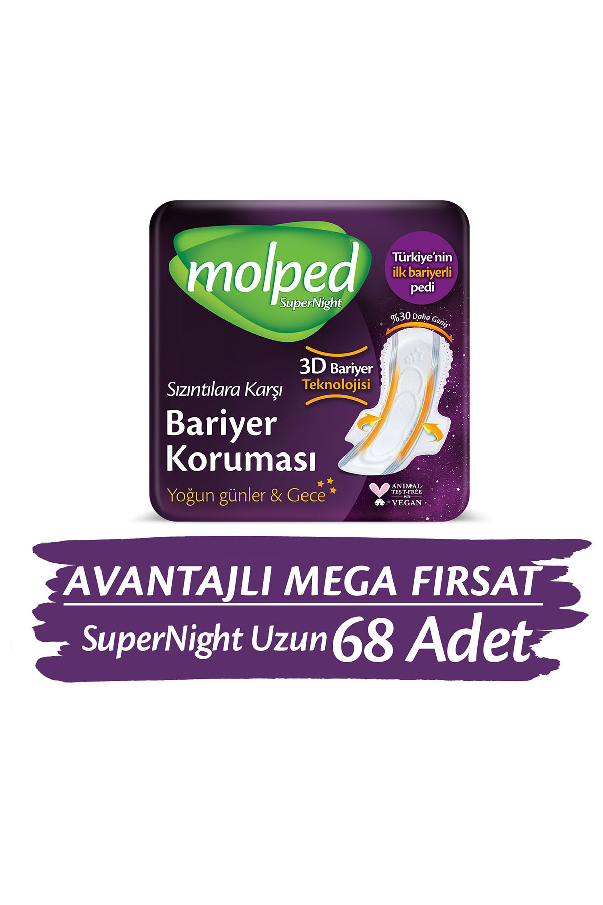 Molped Supernight Hijyenik Ped Uzun Avantajlı Mega Fırsat Paketi 68 Adet