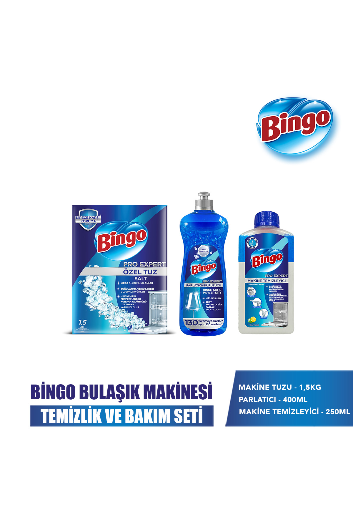 Bingo Bulaşık Makinesi Temizlik Seti (Makine Temizleyici 250 ml+Tuz 1,5 Kg+Parlatıcı 400 ml)